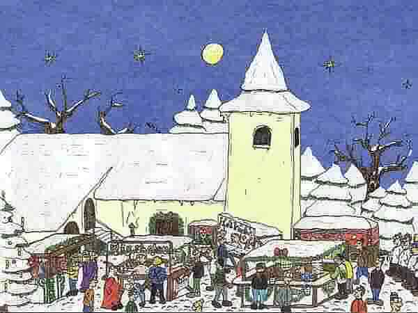 Adventsmarkt vor der Rethmarer Kirche (Zeichnung von Tobias May, 14 Jahre, Rethmar)